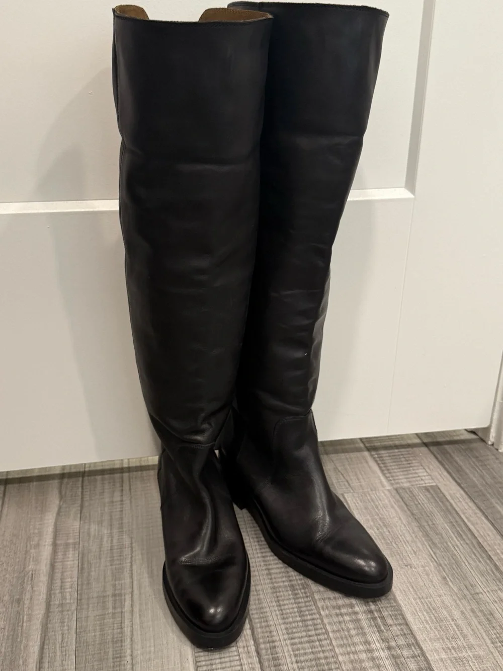Zara Black Leather Over-the-Knee Boots with Brown Cuff